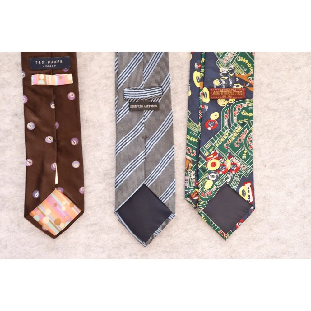 Lot of 3 Silk Ties Ted Baker Billiards Bergdorf Goodman Stripe Museum Artifacts